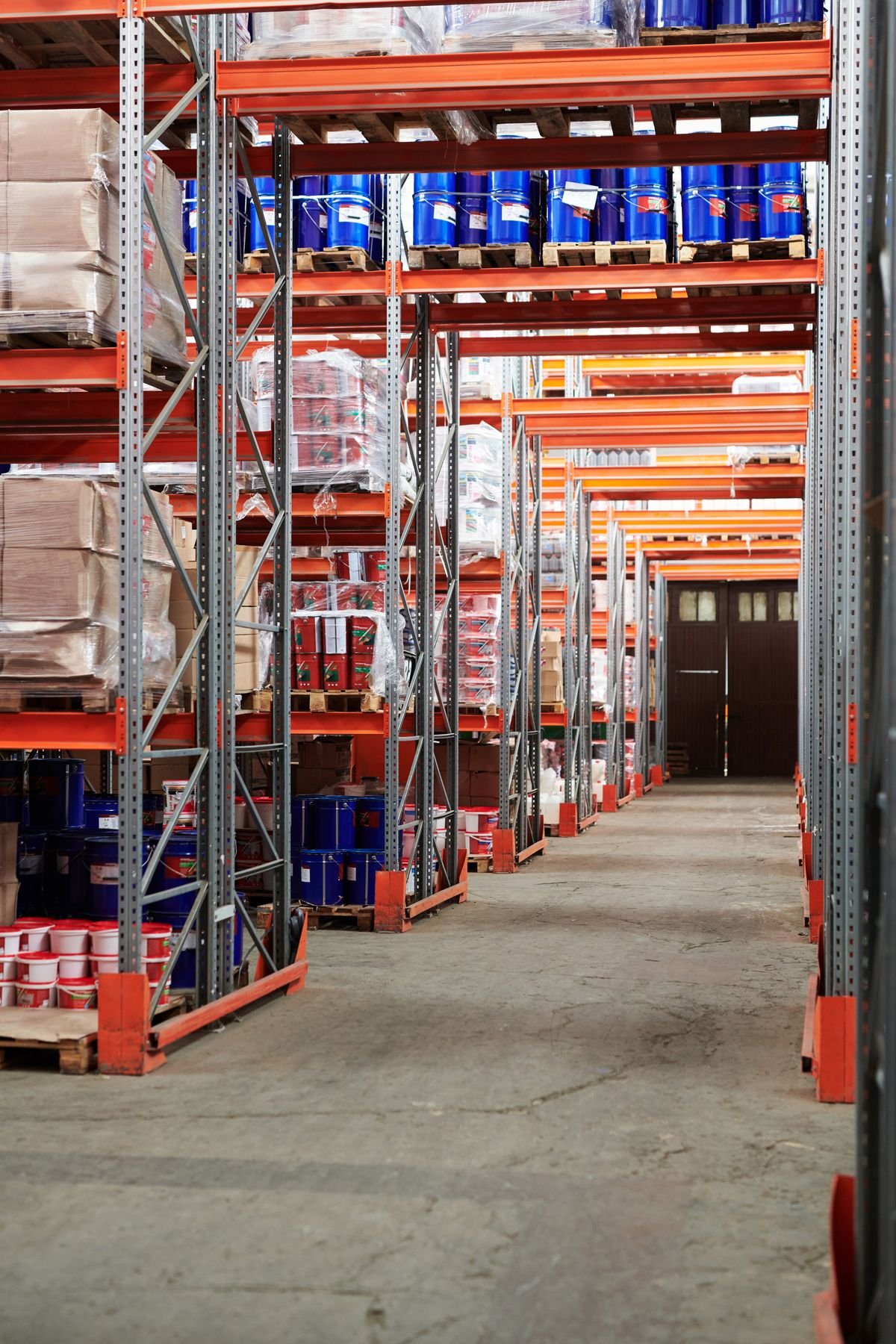 Stocked pallet racking inside a distribution warehouse